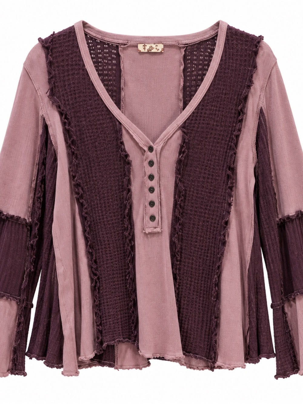 POL Two-Tone Dusty Rose and Plum V-Neck Long Sleeve Top